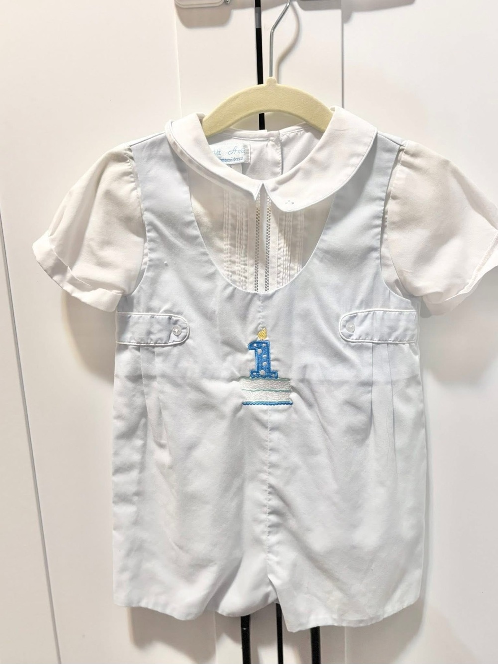 Petit Ami White Baby Boys' Shortall with Blue Number 1 Accent